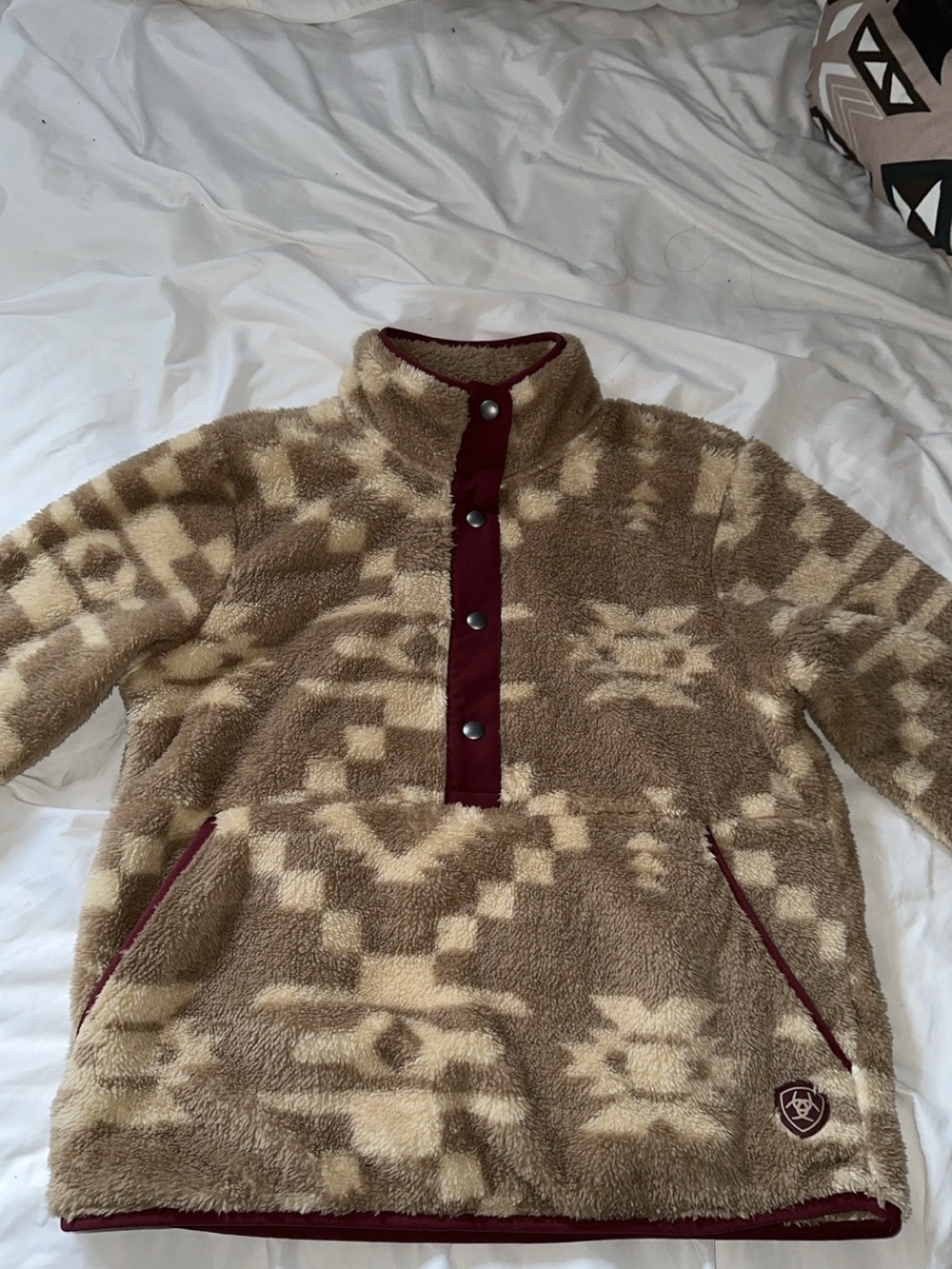 Ariat Tan and Burgundy Sherpa Snap Pullover